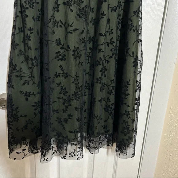 Olive Green Mesh Overlay Skirt Floral Velvet Burnout Midi A-Line Women’s M - Picture 2 of 11
